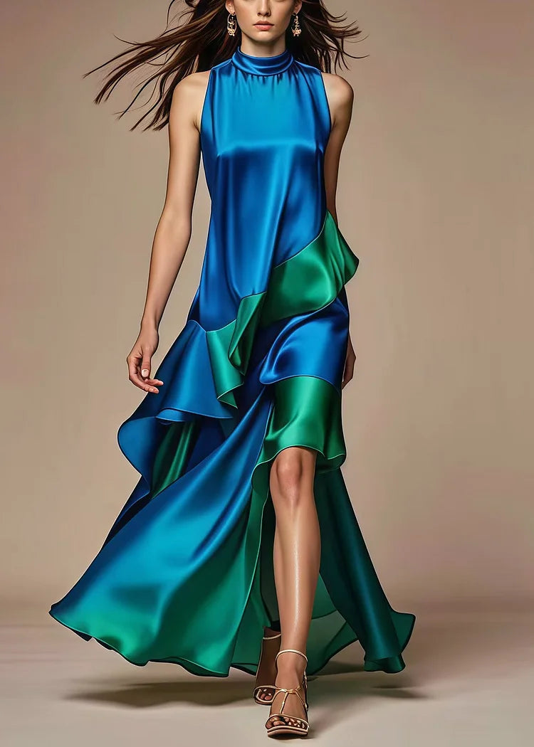 Sophia | Satin Halter Ruffle Wedding Guest Maxi Dress
