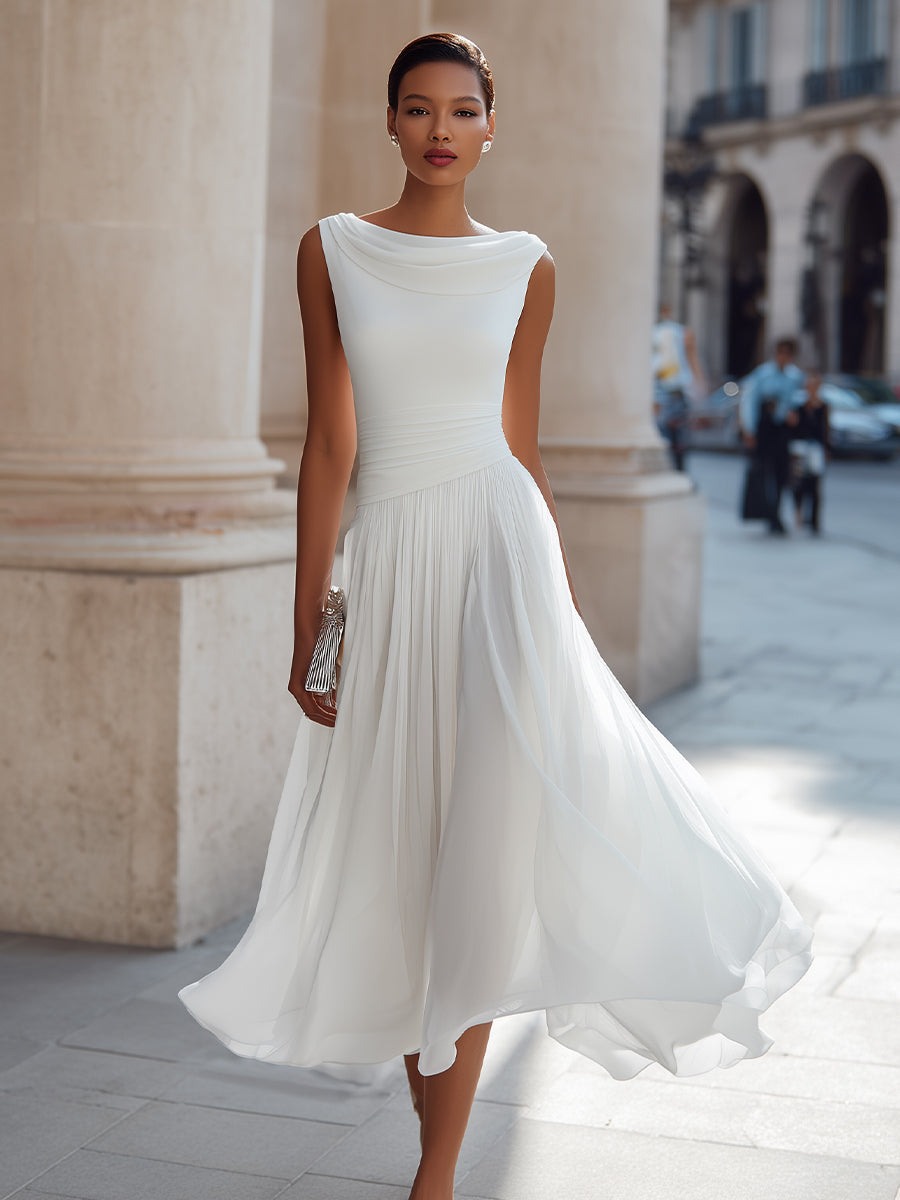 Fiona | Draped Neck Chiffon Formal Midi Dress