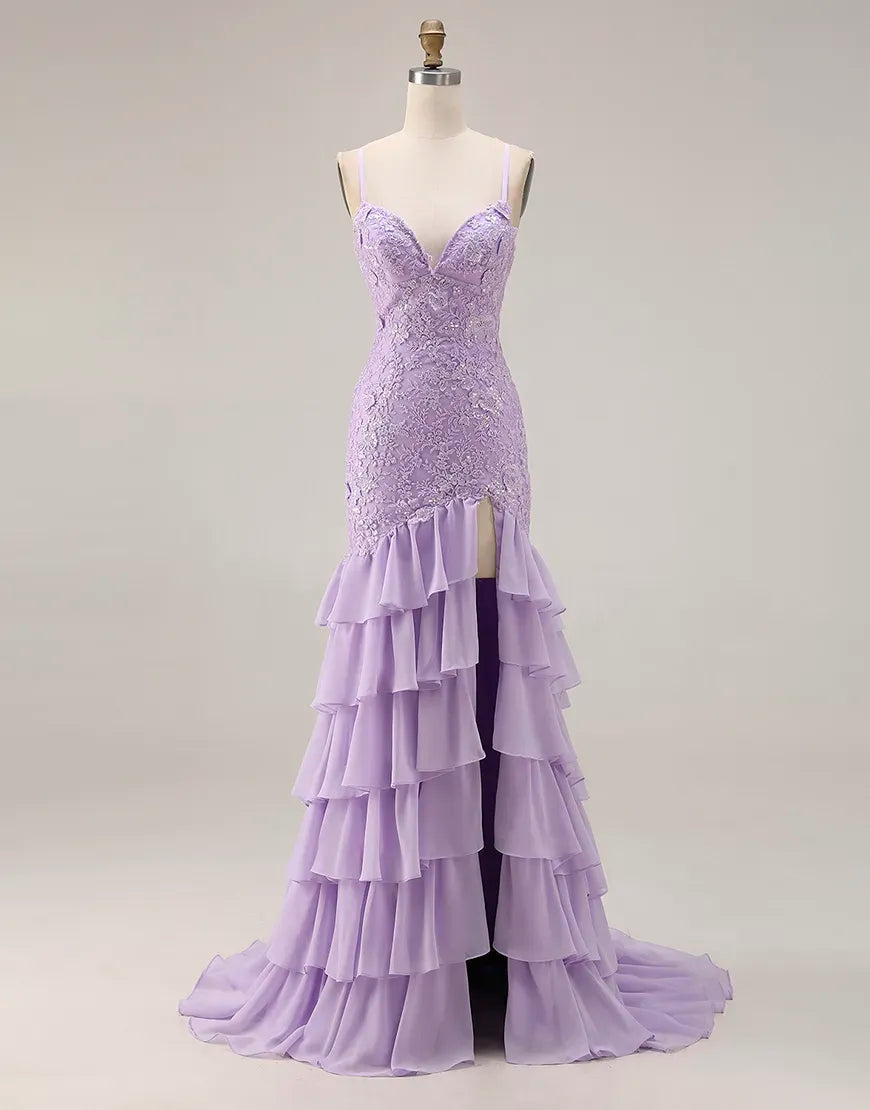 Naomi | Lace Appliqué Ruffle Mermaid Prom Dress