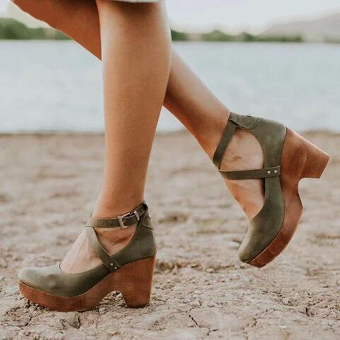 Reese | Crossover Ankle Strap Wooden Wedge Heels