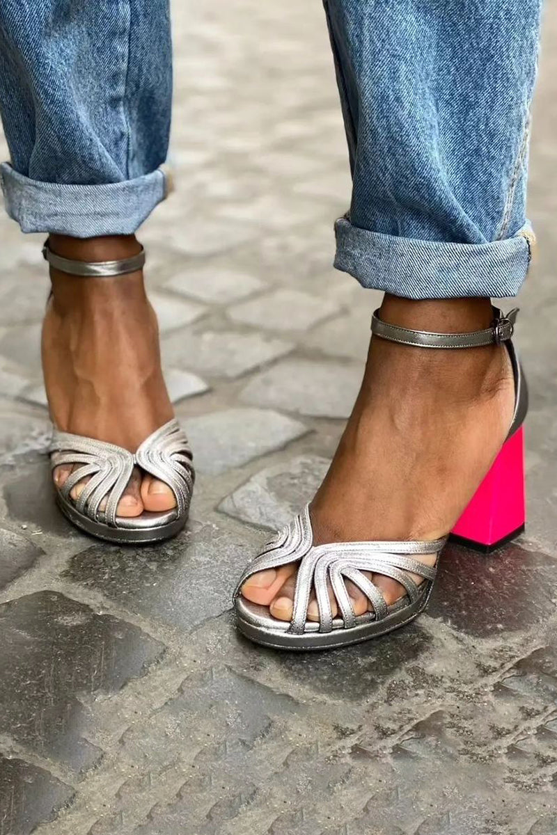 Zara | Shiny Metallic Ankle Strap Block Heesls