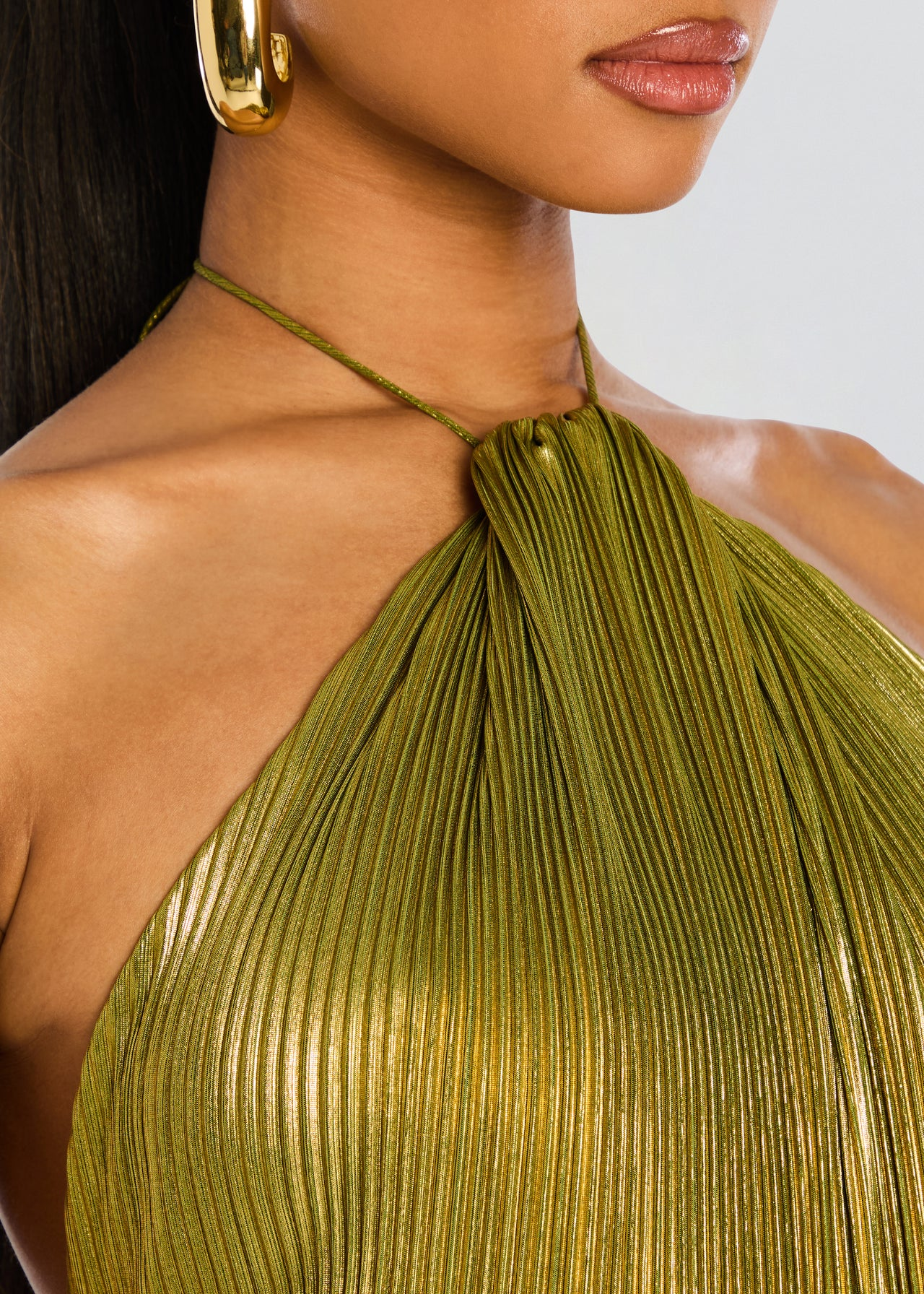 Thalia | Metallic Pleated Halter Maxi Wedding Guest Dress