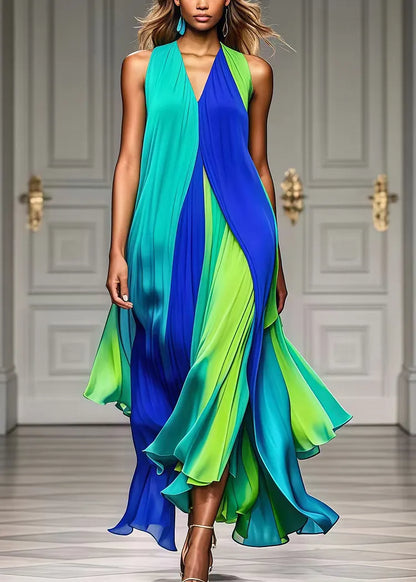 Mara | Colorful Pleated Halter Chiffon Maxi Beach Dress