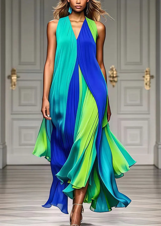 Mara | Colorful Pleated Halter Chiffon Maxi Beach Dress