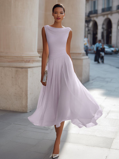 Fiona | Draped Neck Chiffon Formal Midi Dress