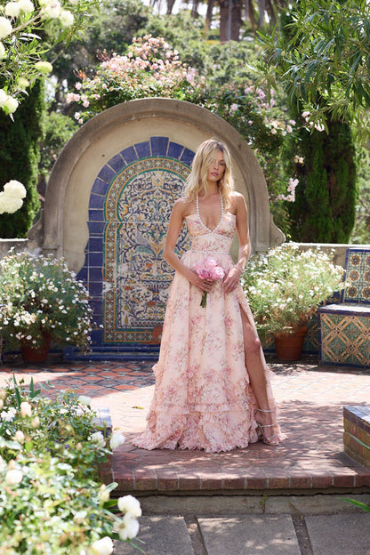 Alexa | Floral Trim Halter Summer Wedding Guest Maxi Dress