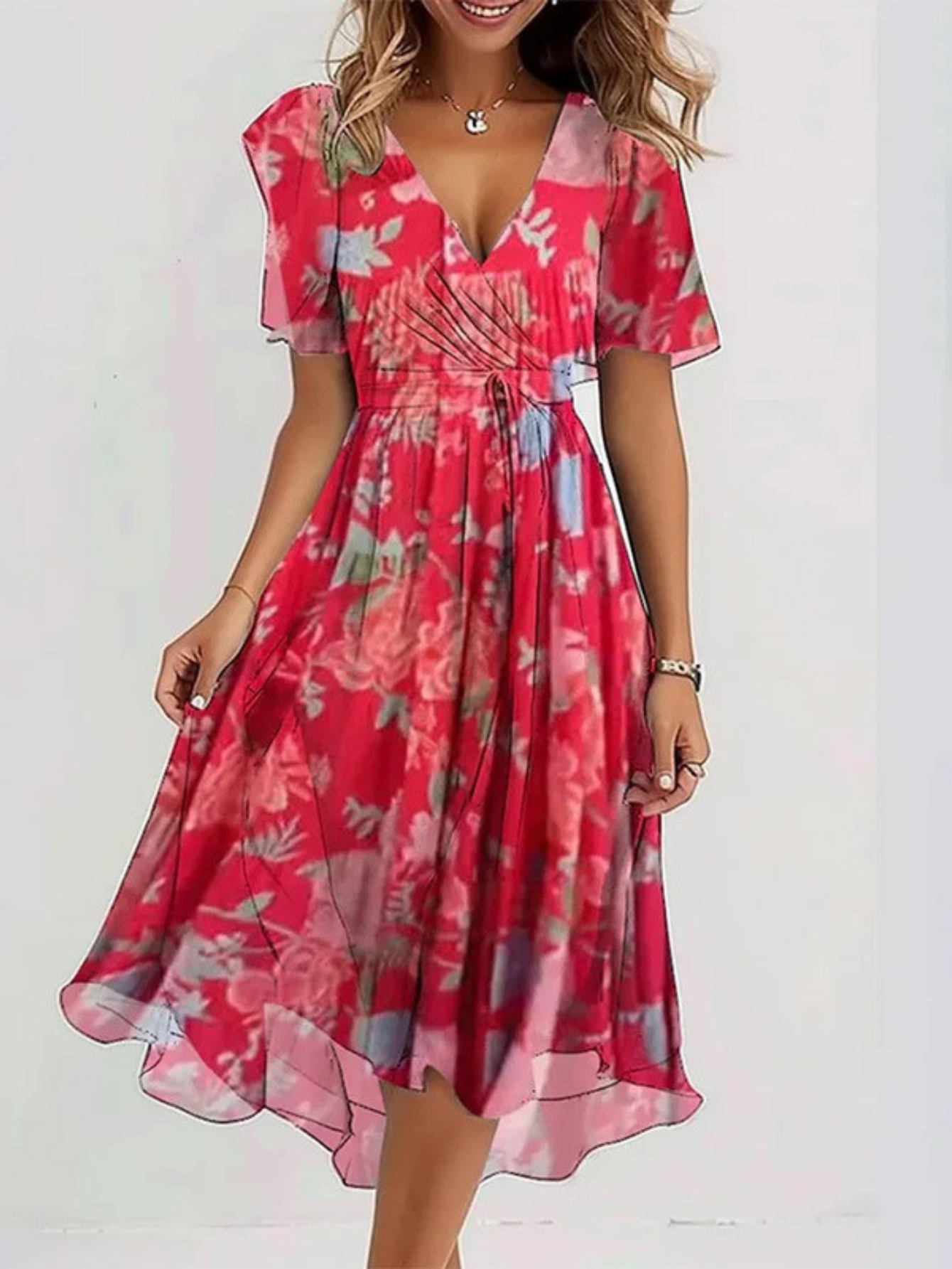 Tara | Floral Wrap Flutter Sleeve Midi Beach Dress