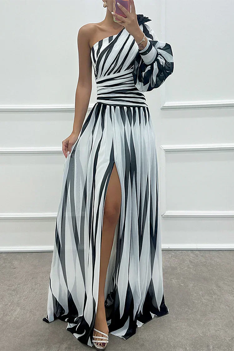 Iris | Striped One Shoulder Slit Formal Maxi Dress