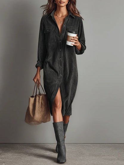 Riley | Corduroy Button Down Shirt Midi Dress