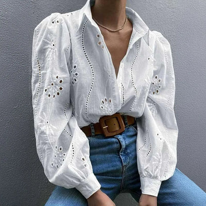 Rosette | Eyelet Embroidered Puff Sleeve Button Down Blouse