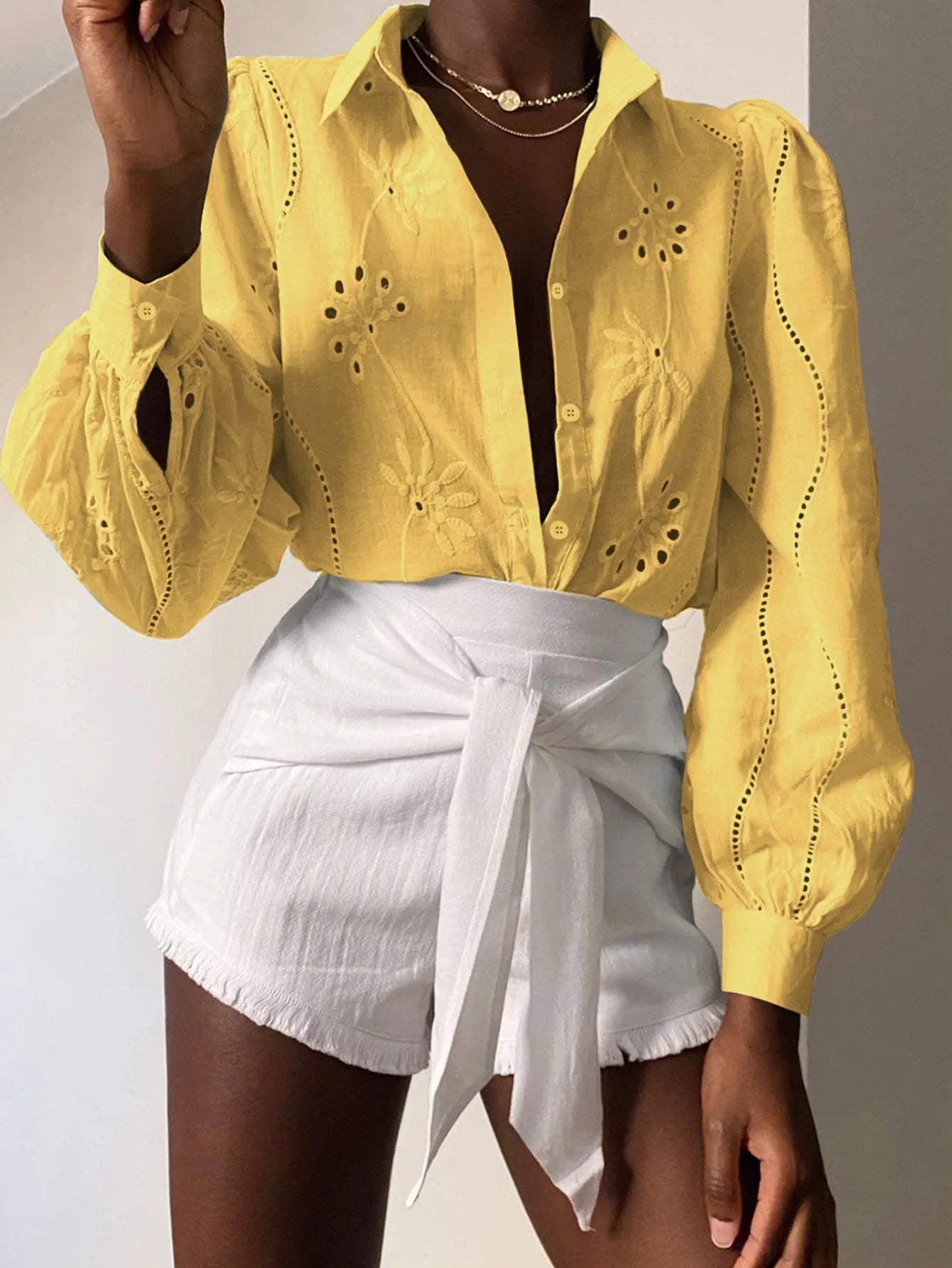 Rosette | Eyelet Embroidered Puff Sleeve Button Down Blouse