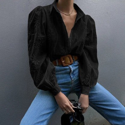 Rosette | Eyelet Embroidered Puff Sleeve Button Down Blouse