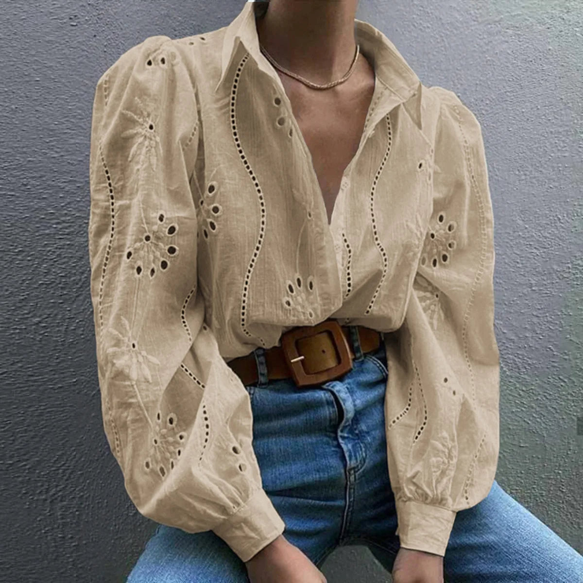 Rosette | Eyelet Embroidered Puff Sleeve Button Down Blouse