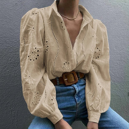 Rosette | Eyelet Embroidered Puff Sleeve Button Down Blouse