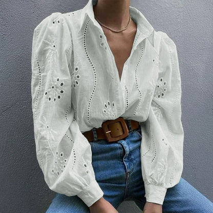 Rosette | Eyelet Embroidered Puff Sleeve Button Down Blouse