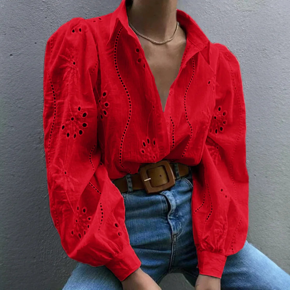 Rosette | Eyelet Embroidered Puff Sleeve Button Down Blouse