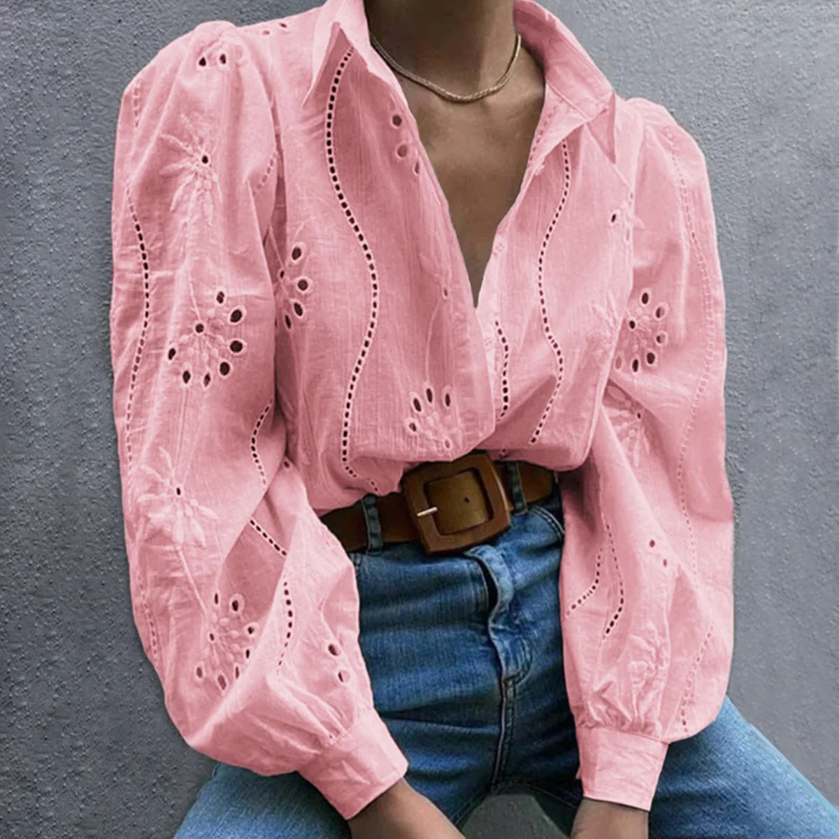 Rosette | Eyelet Embroidered Puff Sleeve Button Down Blouse