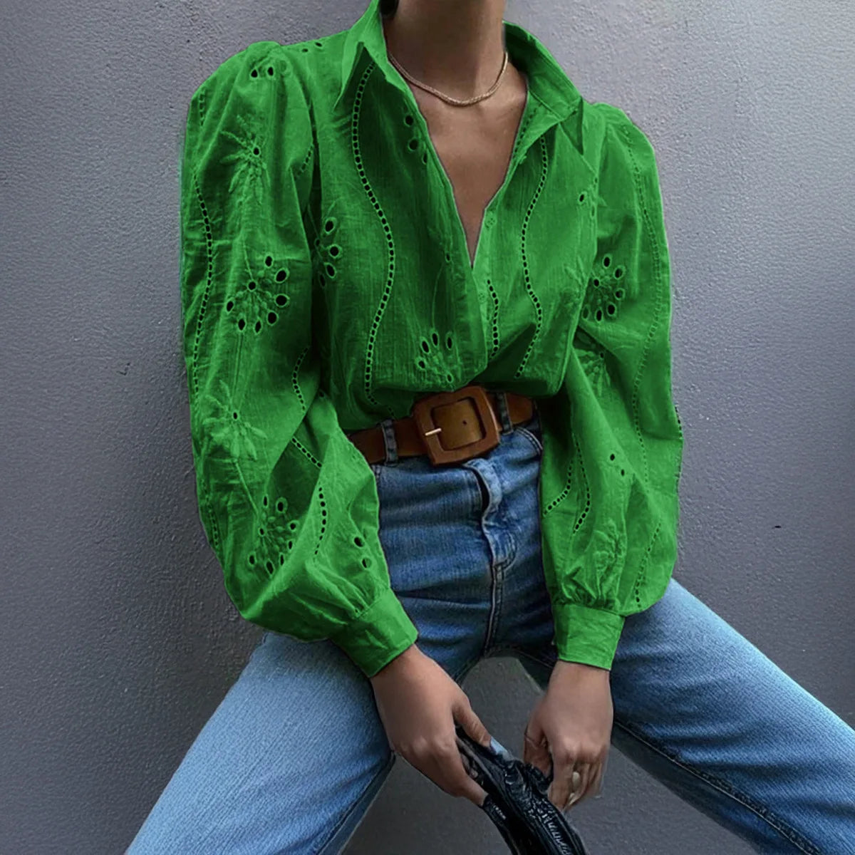 Rosette | Eyelet Embroidered Puff Sleeve Button Down Blouse