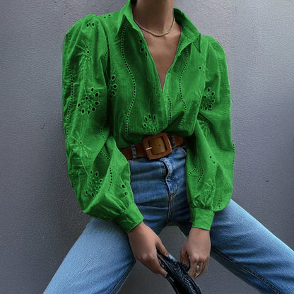Rosette | Eyelet Embroidered Puff Sleeve Button Down Blouse