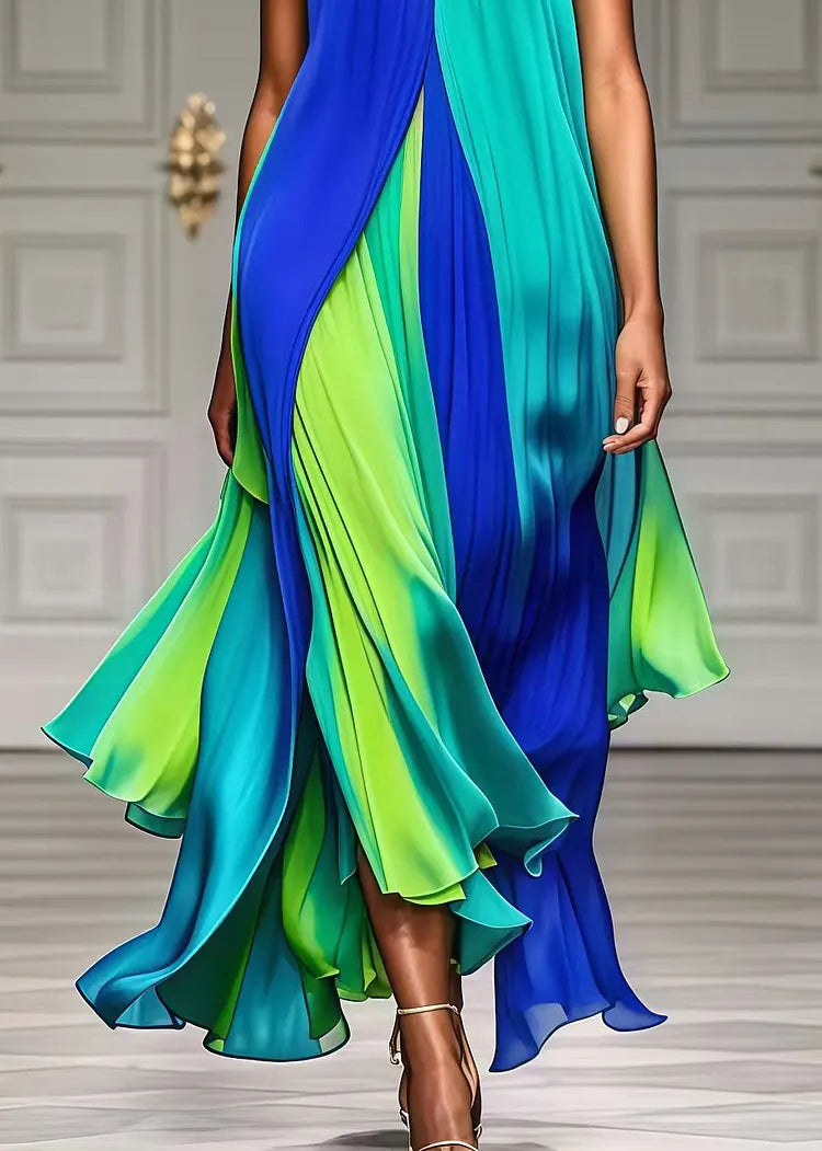 Mara | Colorful Pleated Halter Chiffon Maxi Beach Dress