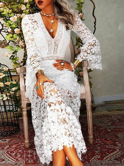 Katie | Floral Cutout Lace V Neck Midi Dress