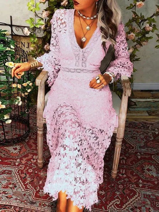 Katie | Floral Cutout Lace V Neck Midi Dress
