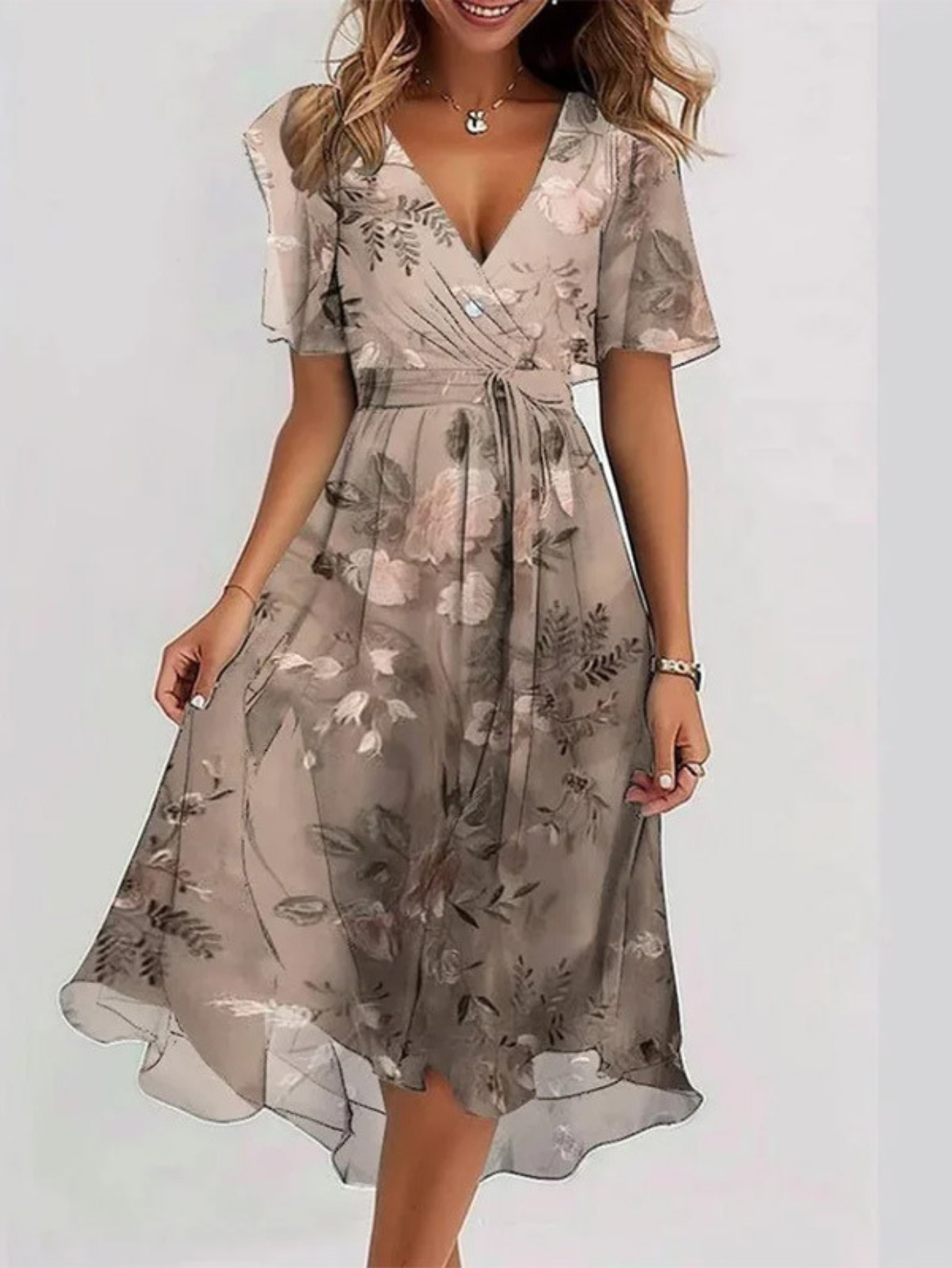 Tara | Floral Wrap Flutter Sleeve Midi Beach Dress