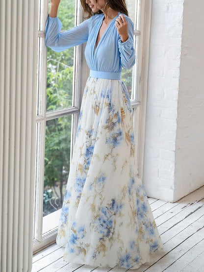 Kira | Floral Print V Neck Chiffon Maxi Dress