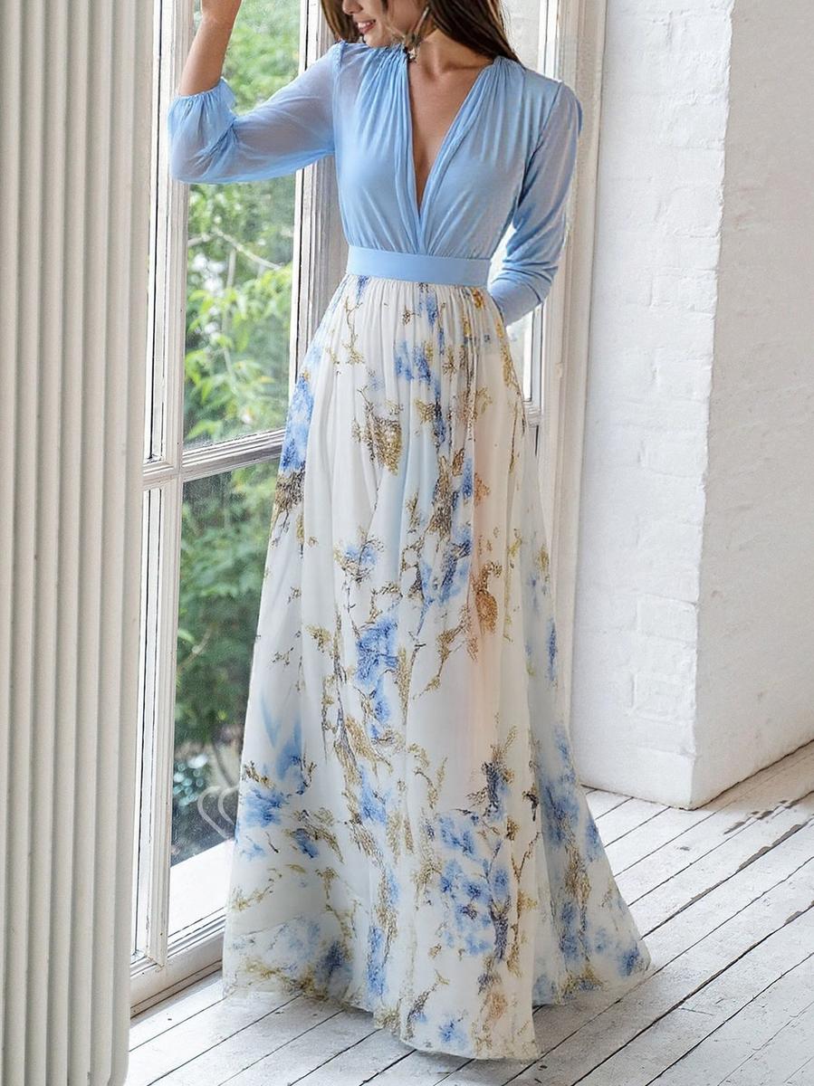 Kira | Floral Print V Neck Chiffon Maxi Dress