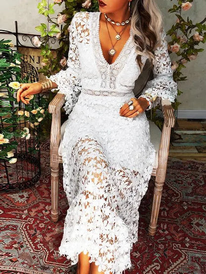 Katie | Floral Cutout Lace V Neck Midi Dress