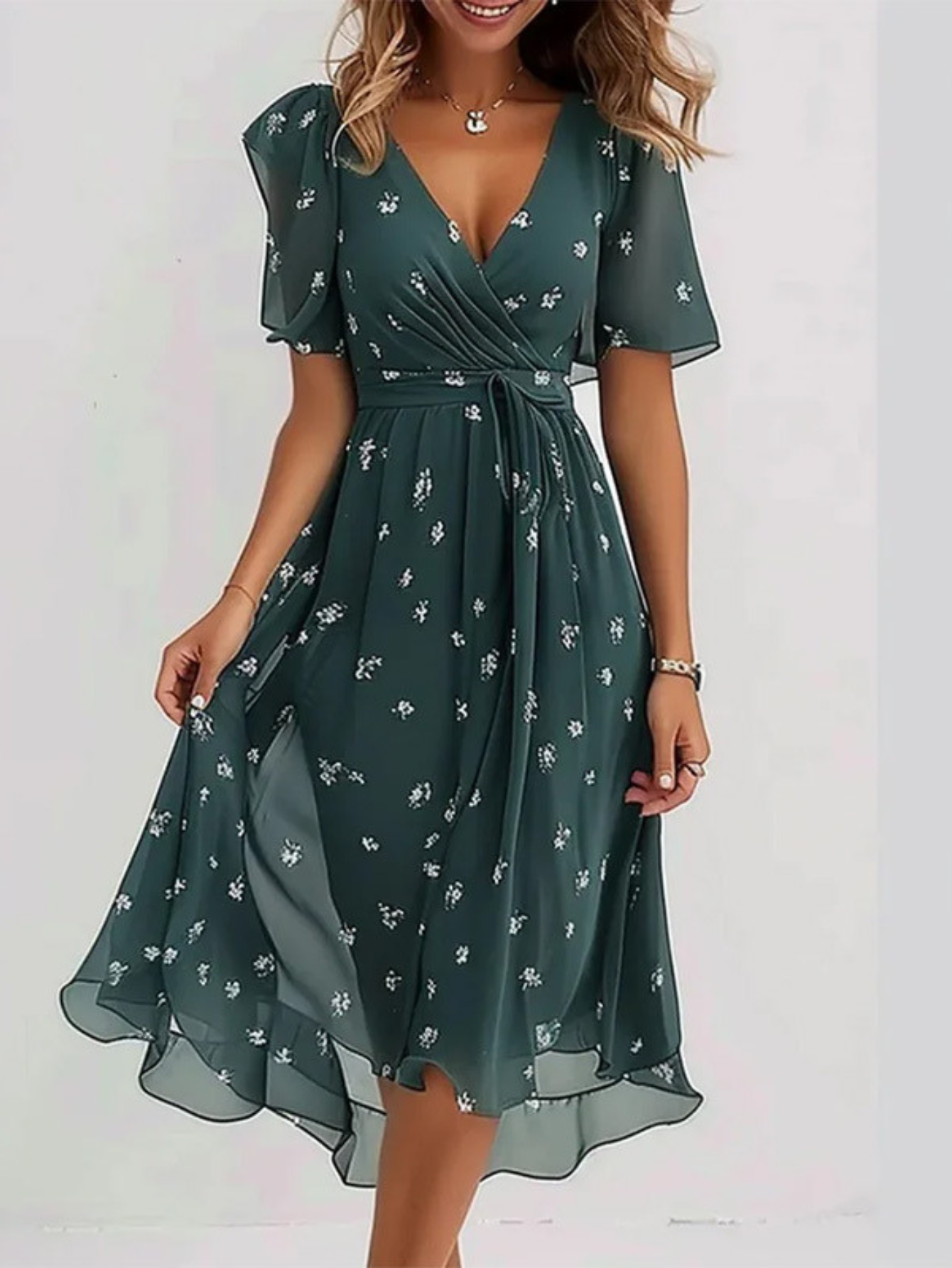 Tara | Floral Wrap Flutter Sleeve Midi Beach Dress