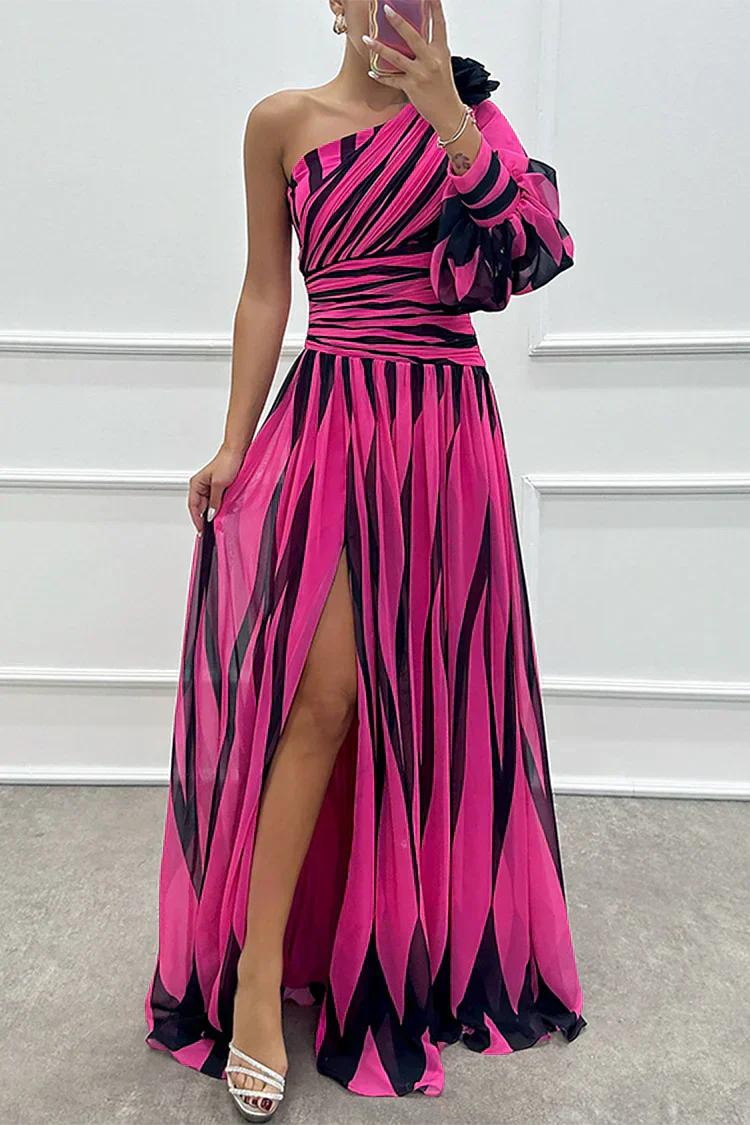 Iris | Striped One Shoulder Slit Formal Maxi Dress