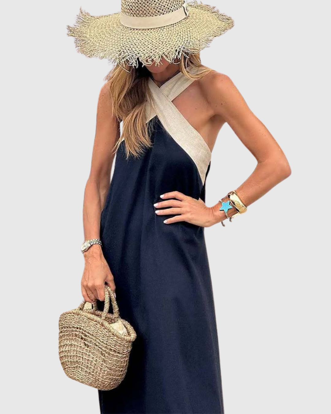 Skye | Linen Cross Halter Neck Maxi Sundress
