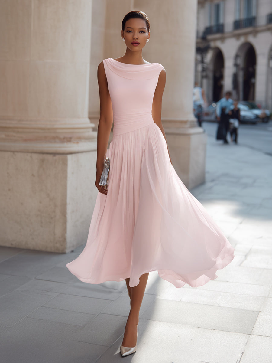 Fiona | Draped Neck Chiffon Formal Midi Dress
