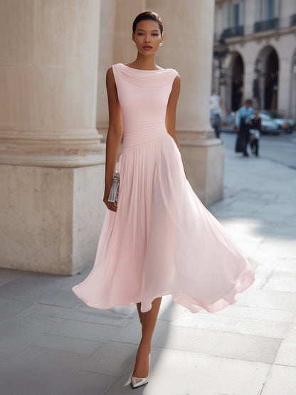 Fiona | Draped Neck Chiffon Formal Midi Dress