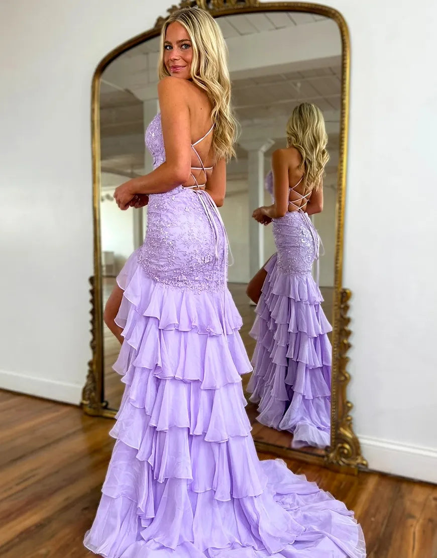 Naomi | Lace Appliqué Ruffle Mermaid Prom Dress