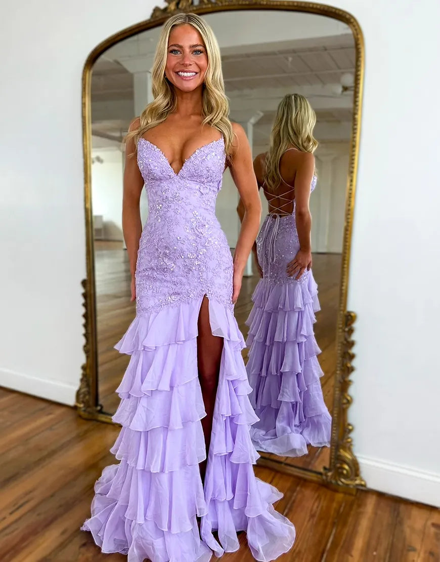 Naomi | Lace Appliqué Ruffle Mermaid Prom Dress