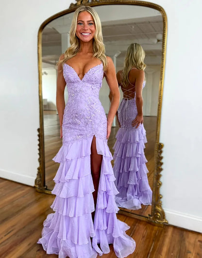 Naomi | Lace Appliqué Ruffle Mermaid Prom Dress