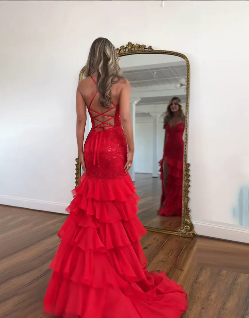 Naomi | Lace Appliqué Ruffle Mermaid Prom Dress