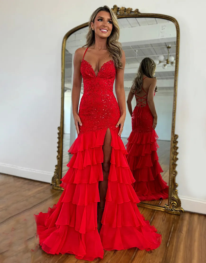 Naomi | Lace Appliqué Ruffle Mermaid Prom Dress