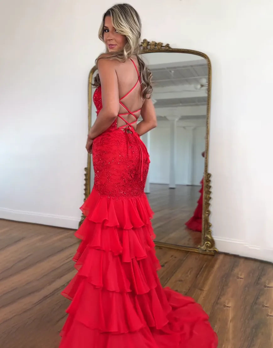 Naomi | Lace Appliqué Ruffle Mermaid Prom Dress