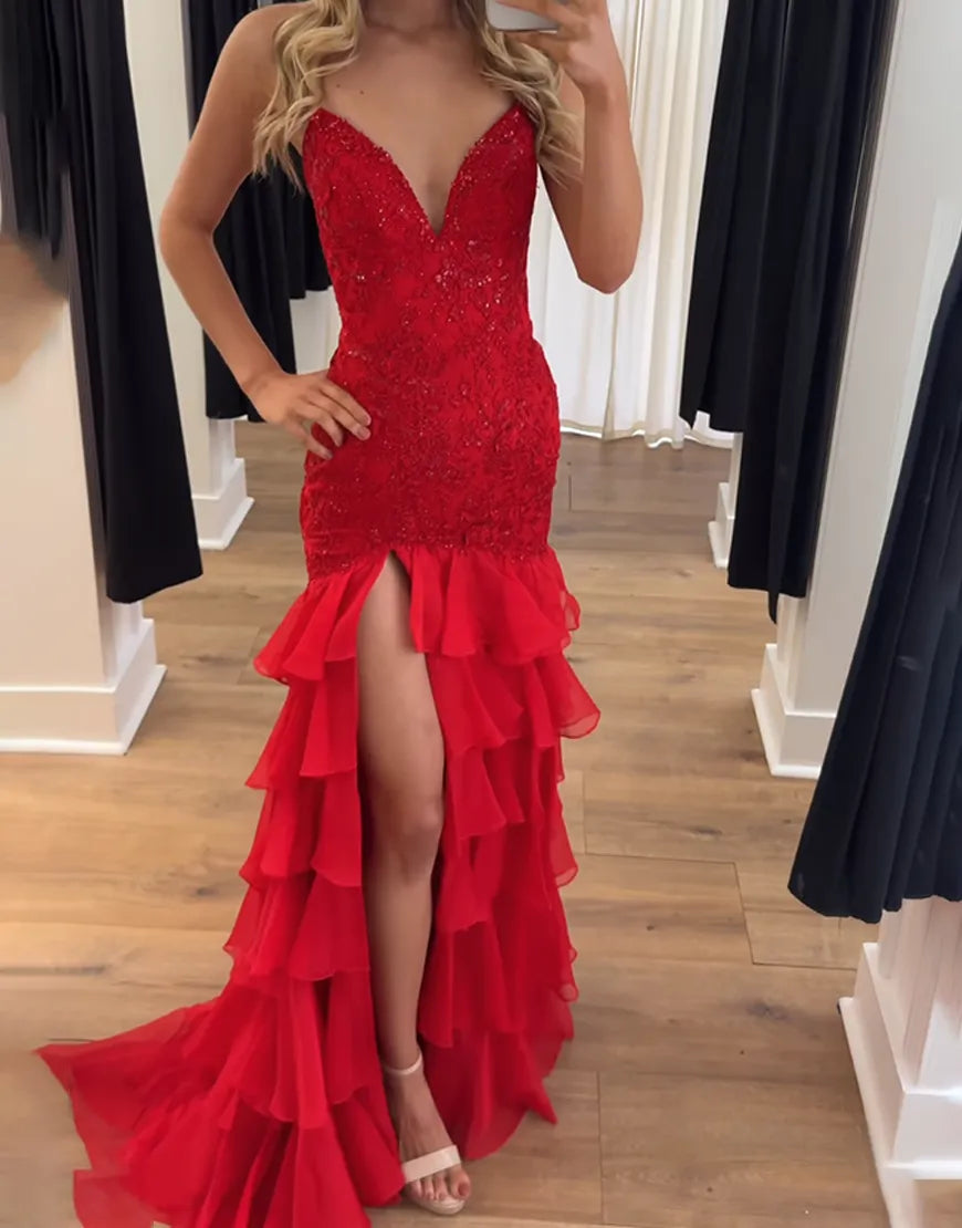 Naomi | Lace Appliqué Ruffle Mermaid Prom Dress