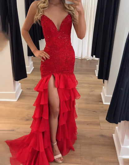 Naomi | Lace Appliqué Ruffle Mermaid Prom Dress