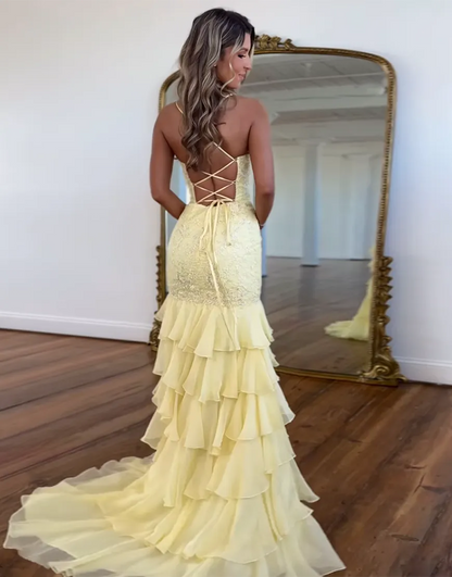 Naomi | Lace Appliqué Ruffle Mermaid Prom Dress