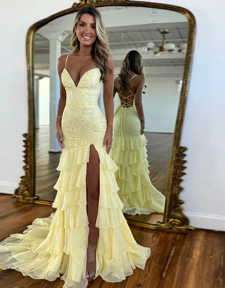 Naomi | Lace Appliqué Ruffle Mermaid Prom Dress
