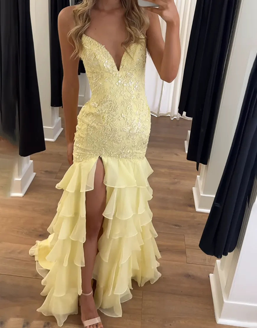 Naomi | Lace Appliqué Ruffle Mermaid Prom Dress