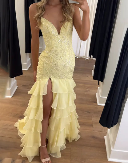 Naomi | Lace Appliqué Ruffle Mermaid Prom Dress