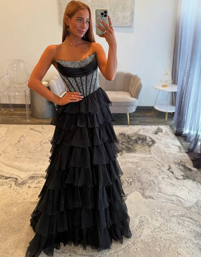 Stella | Corset Tiered Ruffle Strapless Prom Dress