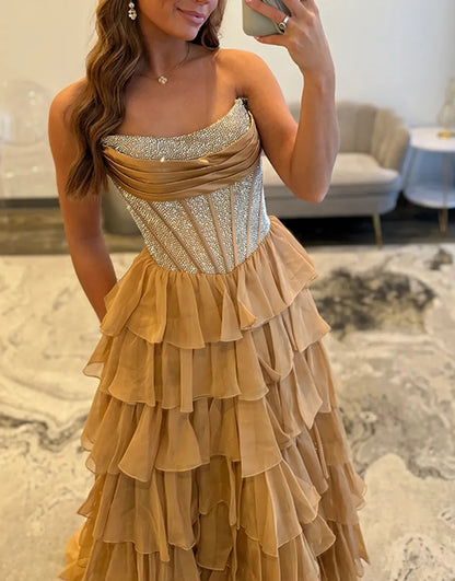 Stella | Corset Tiered Ruffle Strapless Prom Dress