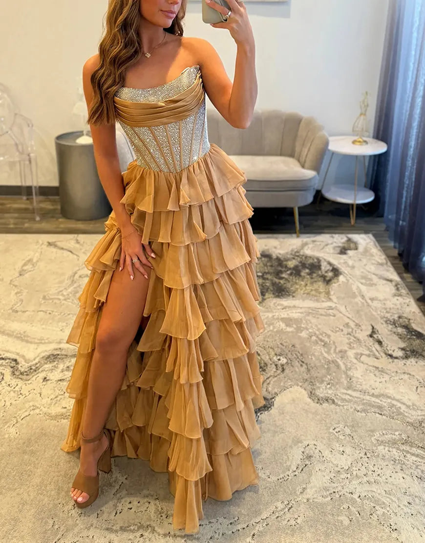 Stella | Corset Tiered Ruffle Strapless Prom Dress